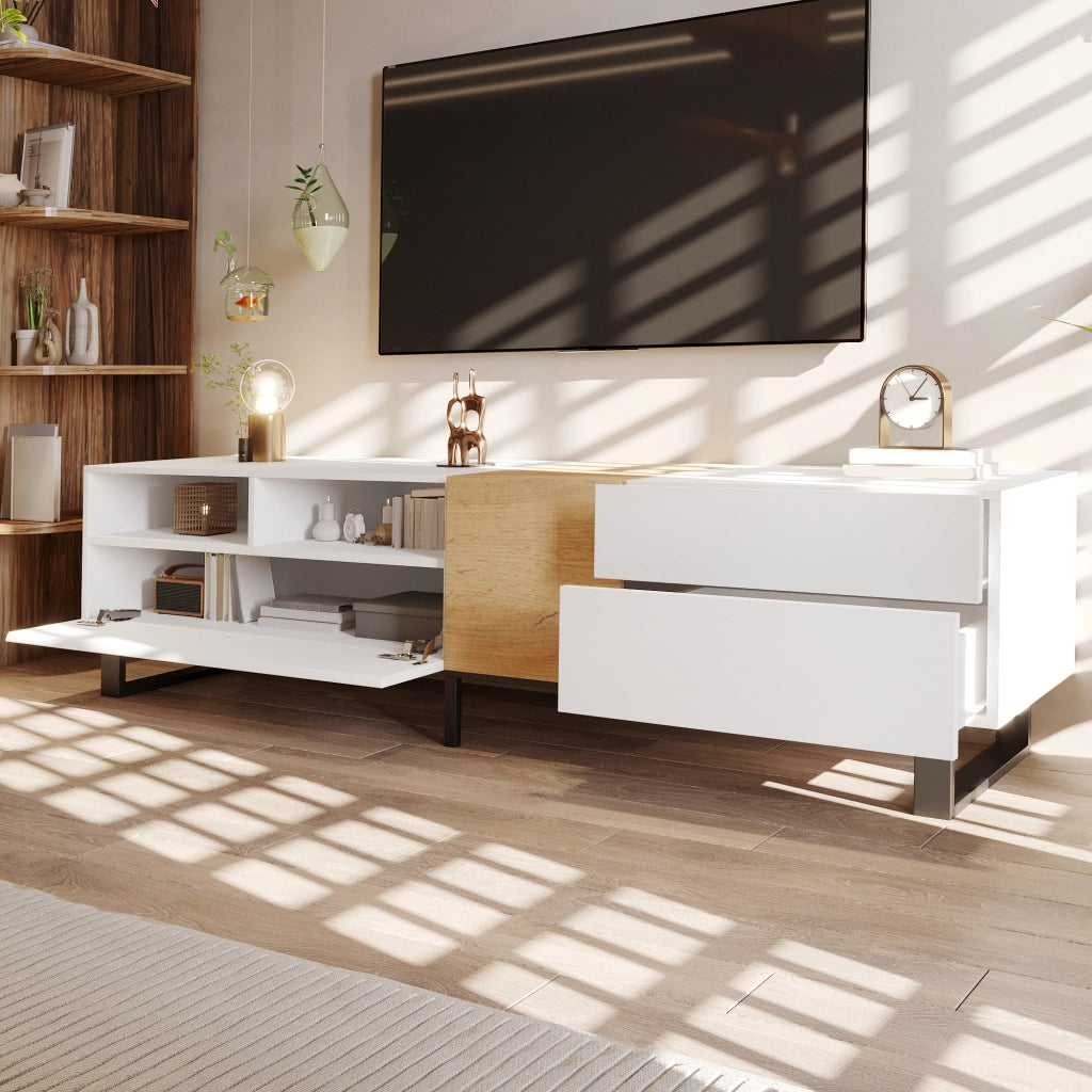 Mobile TV moderno in bianco e legno - Zephmum- 180x50x38 cm design minimalista