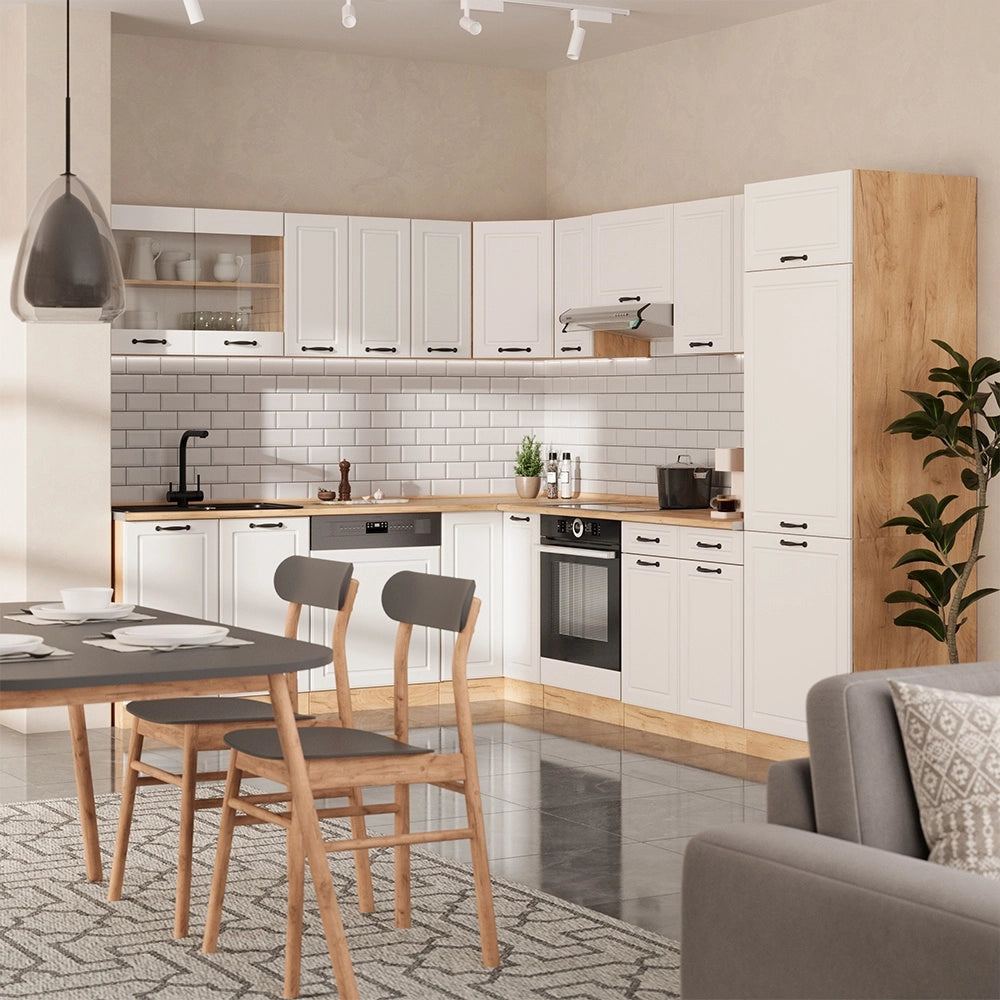 Cucina angolare completa R-Line Bianco rustico/Rovere dorato 287 x 227 cm, PL Antracite Vicco