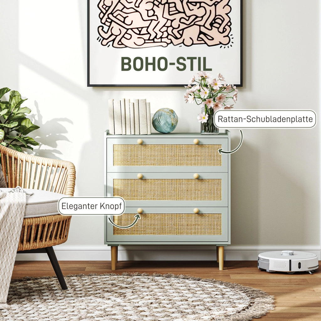 Cassettiera con 3 Cassetti, Fronte in Rattan, MDF ¨C zephmum ¨C Verde