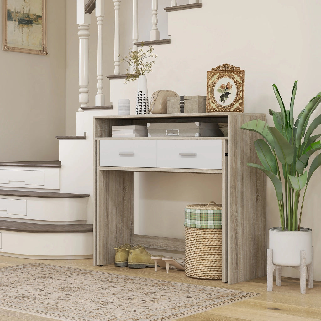 Tavolo console con piano scorrevole e 2 cassetti ¨C Zephmum ¨C 95x35x87 cm, effetto quercia