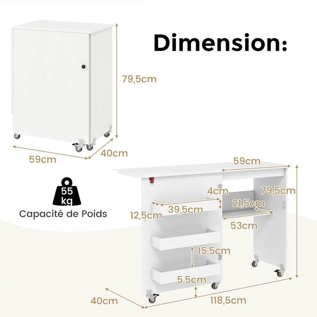 Tavolo da Cucito Pieghevole con Ruote, Mobile per Macchina da Cucire con 4 Ripiani Aperti e Ampio Piano di Lavoro, Ideale per Soggiorno, Camera da Letto e Sala Hobby (Bianco)