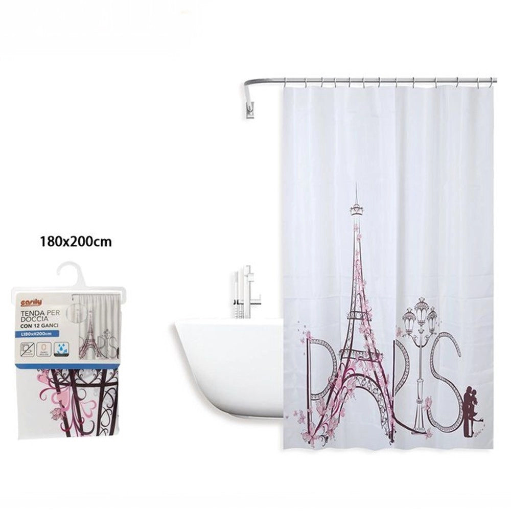 Trade Shop - Tenda Doccia Antimuffa Impermeabile 180x200cm Con Anelli Bagno Scritta Paris 87048 -