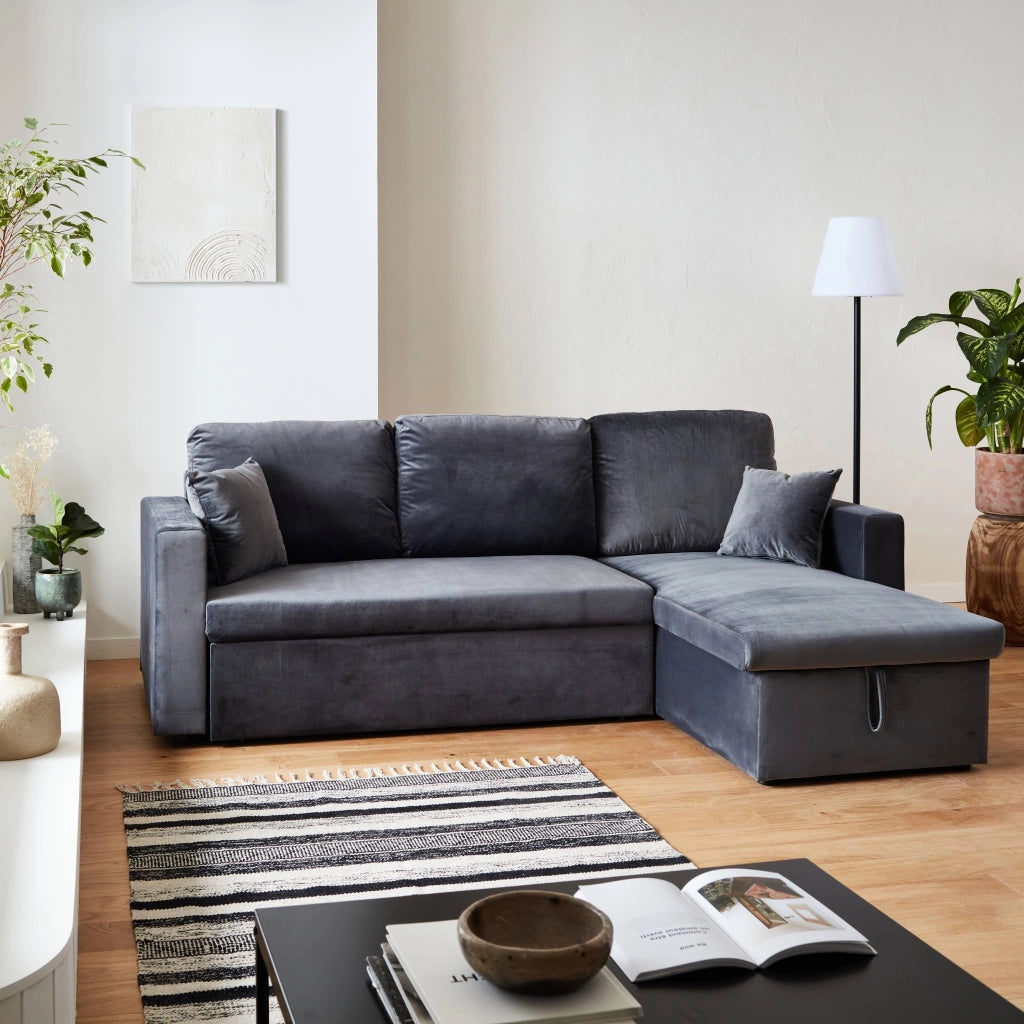Divano letto angolare reversibile in velluto, 3 posti, grigio scuro