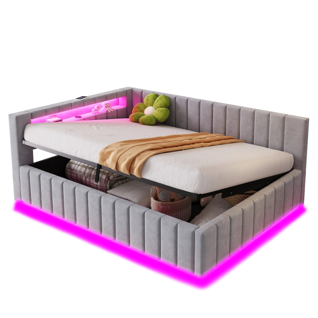 Letto imbottito 140x200 cm con contenitore idraulico, LED, USB, testiera e schienale in velluto grigio