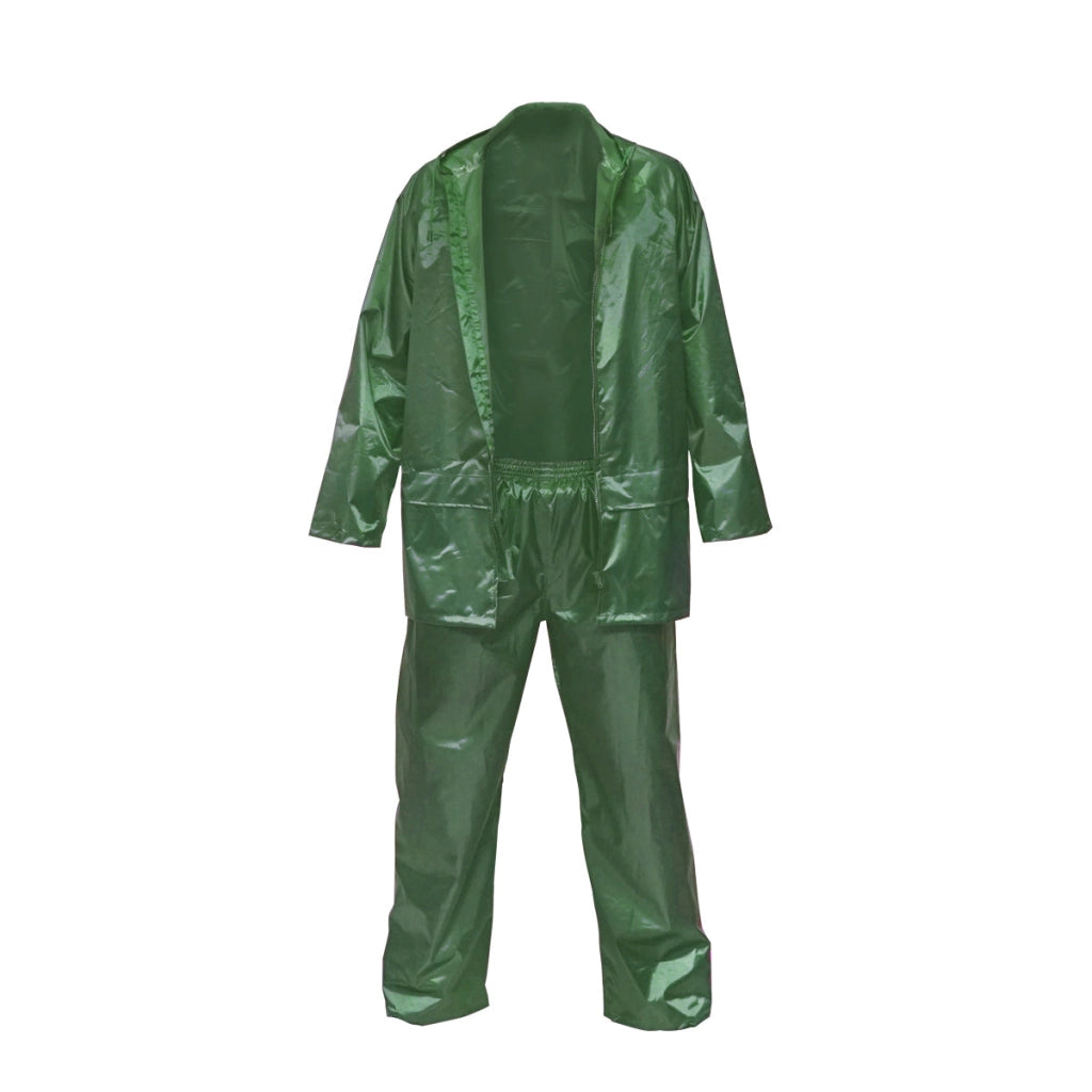 Completo impermeabile taglia M con cappuccio e pantaloni in poliestere e PVC, verde Breckner Germany