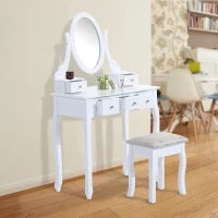 Toeletta Tavolo da Trucco con Specchiera e Sgabello Imbottito, Legno, Bianco