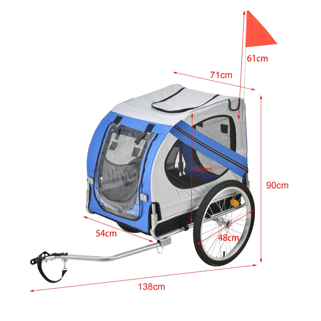 Rimorchio per Bicicletta per Trasporto Cani 138 x 71 x 90 cm Carrello per Trasporto Animali Domestici Carico Max.26 kg - Blu-Griggio-Nero