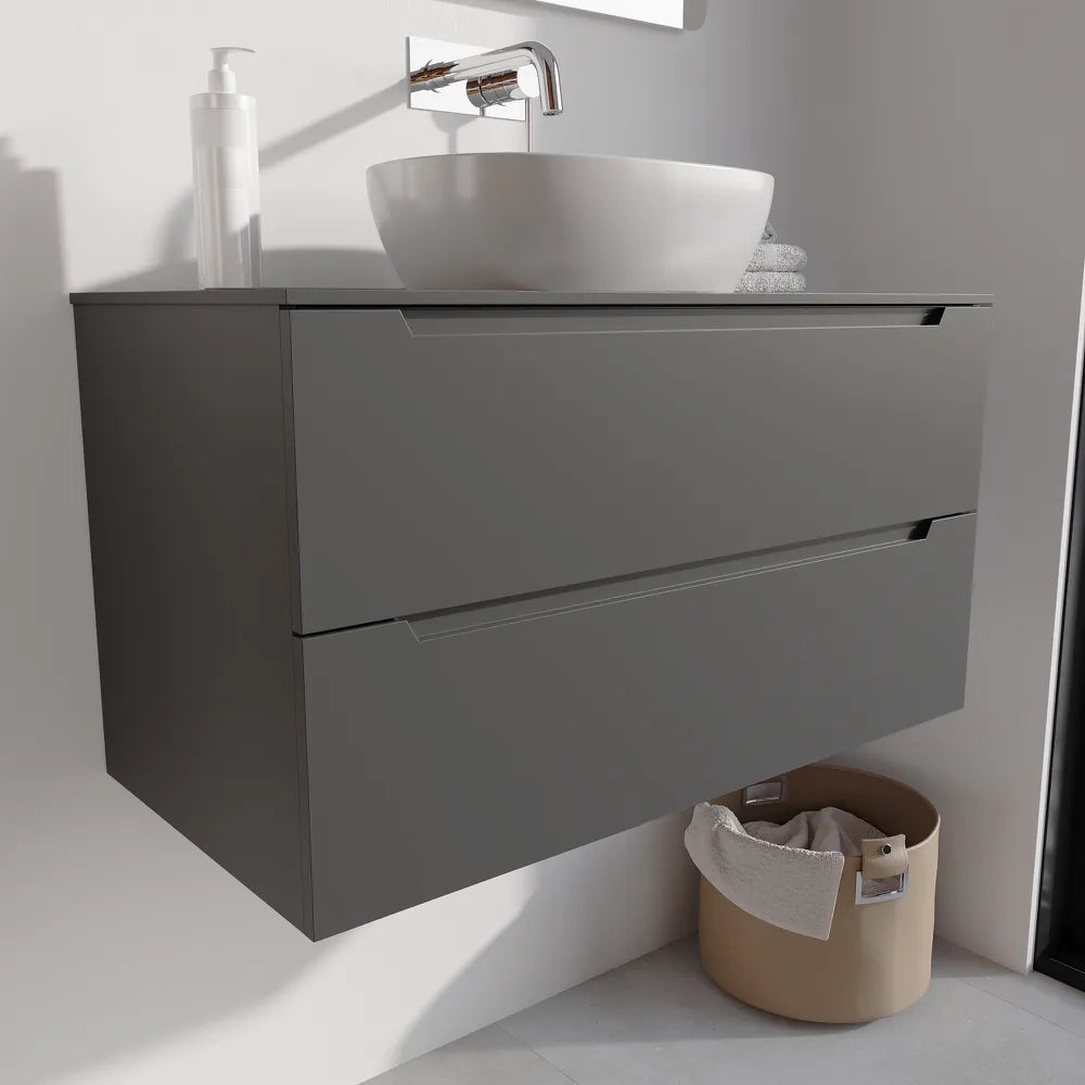 Mobile bagno sospeso 90cm grigio opaco due cassetti soft-close con top | Bako
