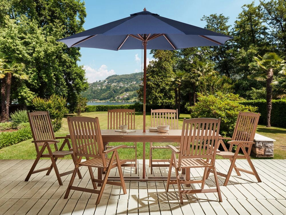 Set da giardino con 6 sedie in legno di acacia marrone scuro con schienale regolabile pieghevole in stile rustico con ombrellone blu