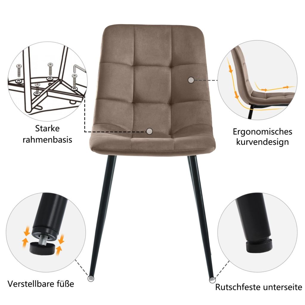 Set di 4 sedie da pranzo imbottite in velluto marrone con gambe in metallo