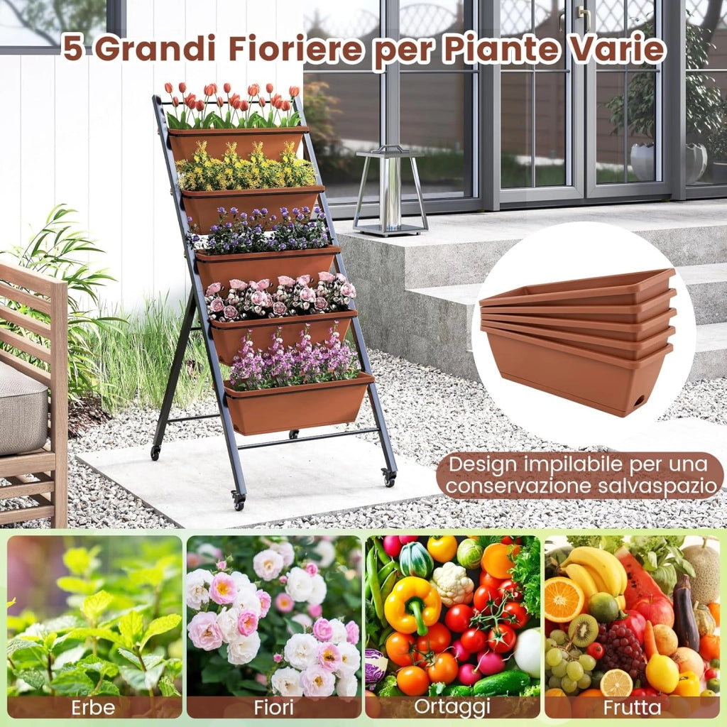 Letto da Giardino a 5 Livelli con 5 Contenitori per Piante, Drenaggio dell'Acqua e Ruote, Fioriere Rialzate in Metallo e PP per Verdure, Fiori ed Erbe, da Patio, Terrazzo e Balcone