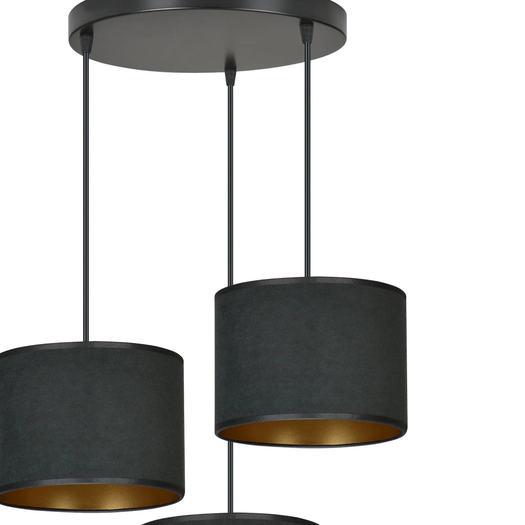 Lampadario Tondo 3 Luci Ganesha In Acciaio Nero E Paralumi In Tessuto Nero