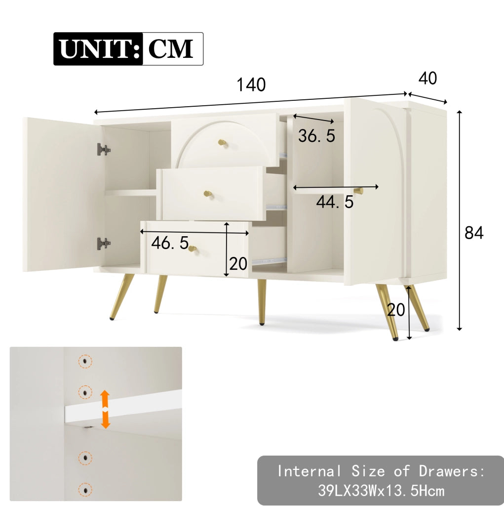 Credenza ULEVR 140x40x84 cm con 2 ante, 3 cassetti e ripiani regolabili, bianco crema