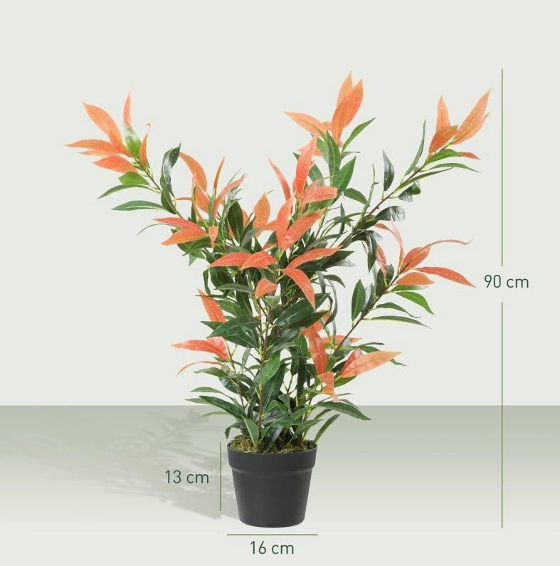 Pianta Artificiale Glanzmispel 90 cm con 300 Foglie, Rami Regolabili, Rosso e Verde
