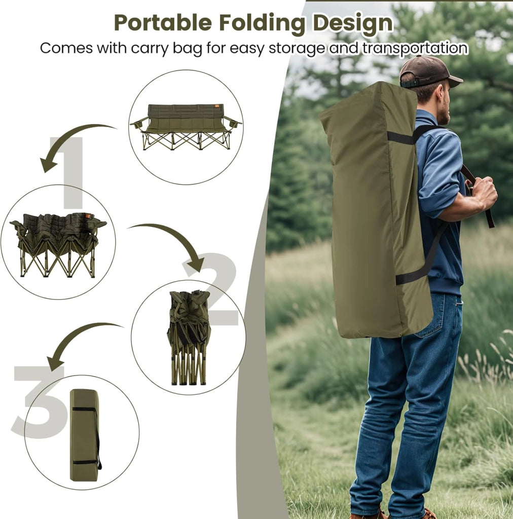 Sedia da Campeggio Pieghevole con Braccioli Regolabili, Sedia da Esterno Portatile con Borsa di Trasporto e Porta Bicchieri, Poltrona per 3 Persone, per Pesca, Giardino (Modello I- Verde)