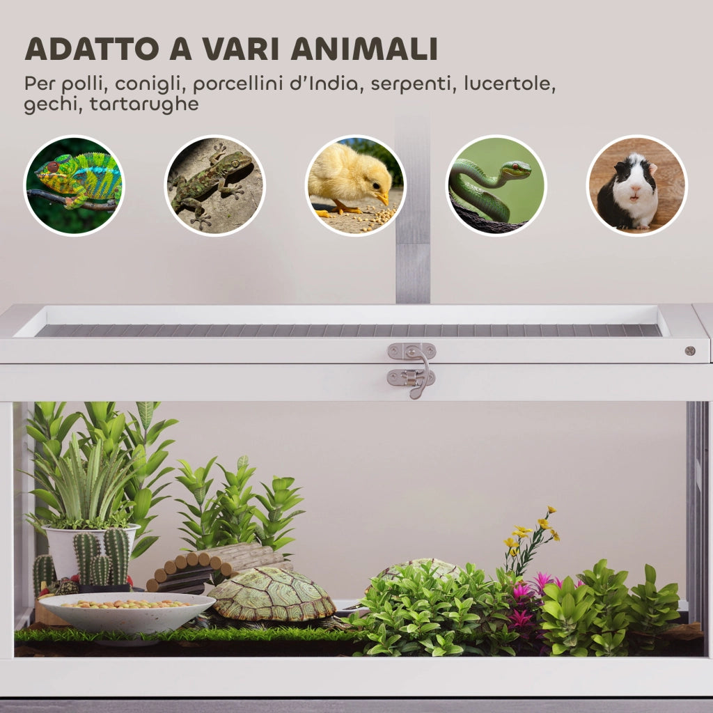 Casetta Tartarughe Rialzata 104x53x82 cm con Divisorio Vassoio Estraibile in Legno e PS Grigio e Bianco
