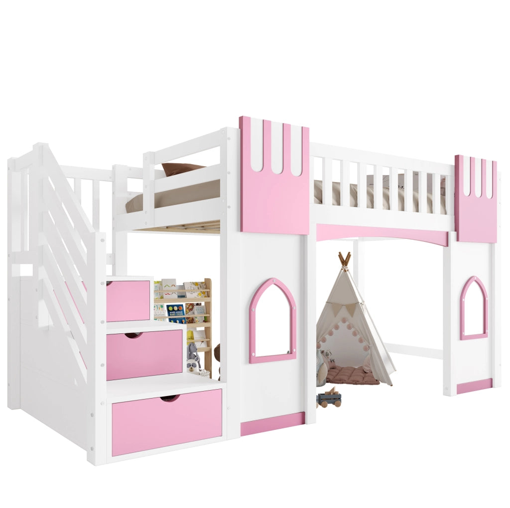 Letto a soppalco 90x200 cm con scala contenitore e finestre in MDF; pino e compensato bianco e rosa