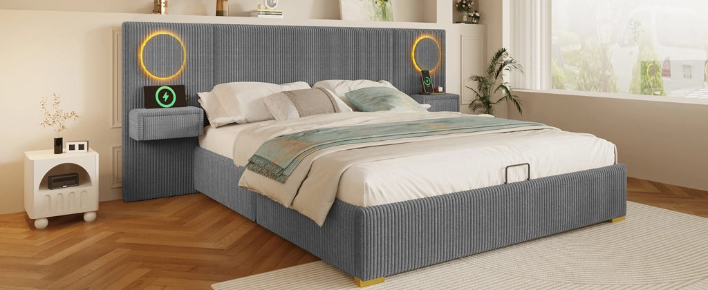 Letto matrimoniale 180 × 200 cm con contenitore idraulico, LED e USB, senza materasso, in velluto, grigio