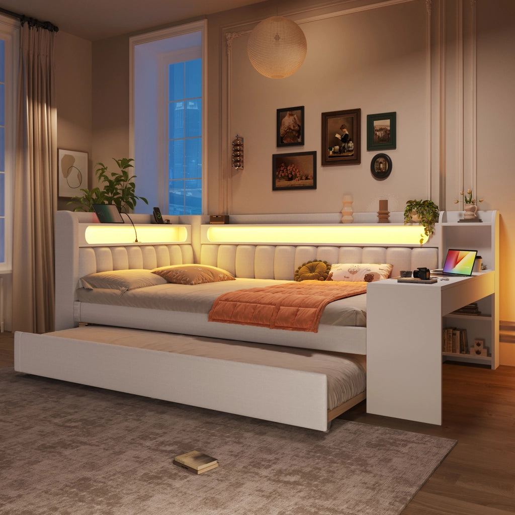 Letto Divano 140×200 cm; Letto Matrimoniale con Letto Estraibile; USB; LED e Scrivania; senza Materasso
