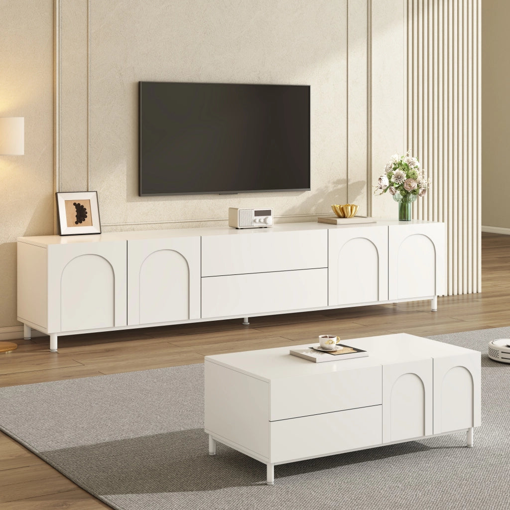 Mobile porta TV con 4 ante e 2 cassetti, tavolino basso coordinato, per soggiorno, in MDF e truciolare, bianco
