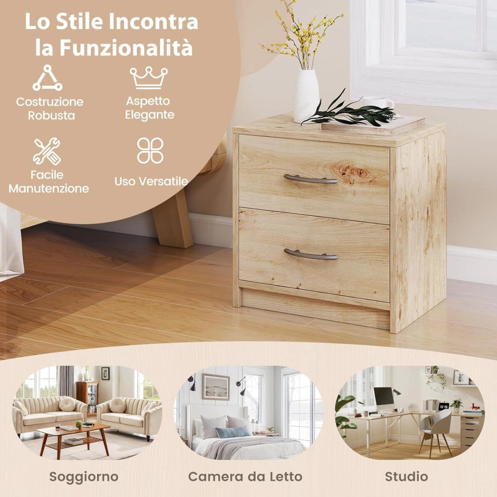 COSTWAY Comodino Camera da Letto con 2 Cassetti, Comodino Salvaspazio in Legno, Comodino Mobile da Letto con Kit Antiribaltamento, per Soggiorno e Studio, 38,5 x 28 x 39 cm (Naturale, 2 Cassetti)