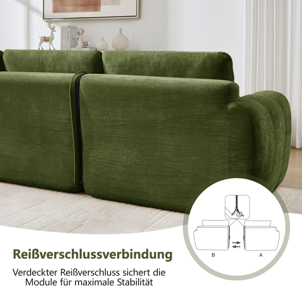 Divano modulare senza telaio in chenille verde 194x160x68 cm con seduta ampia e profonda