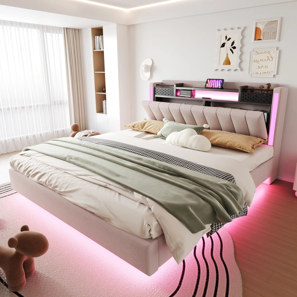 OKWISH Letto Imbottito 160×200 cm, Letto Matrimoniale con USB, Tipo C, LED Regolabile e Contenitore, senza Materasso, in Tessuto Beige