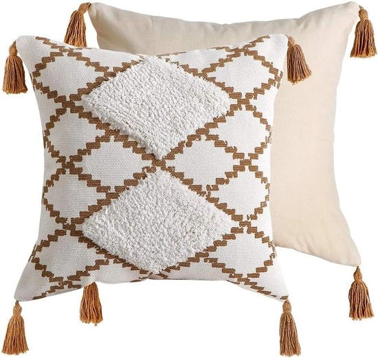 Cuscini decorativi in cotone con ciuffi - Design boho per salotto - 45 x 45 cm - Caffè chiaro - 1 pezzo - Molto morbido e stile design - Adatto per divano letto.