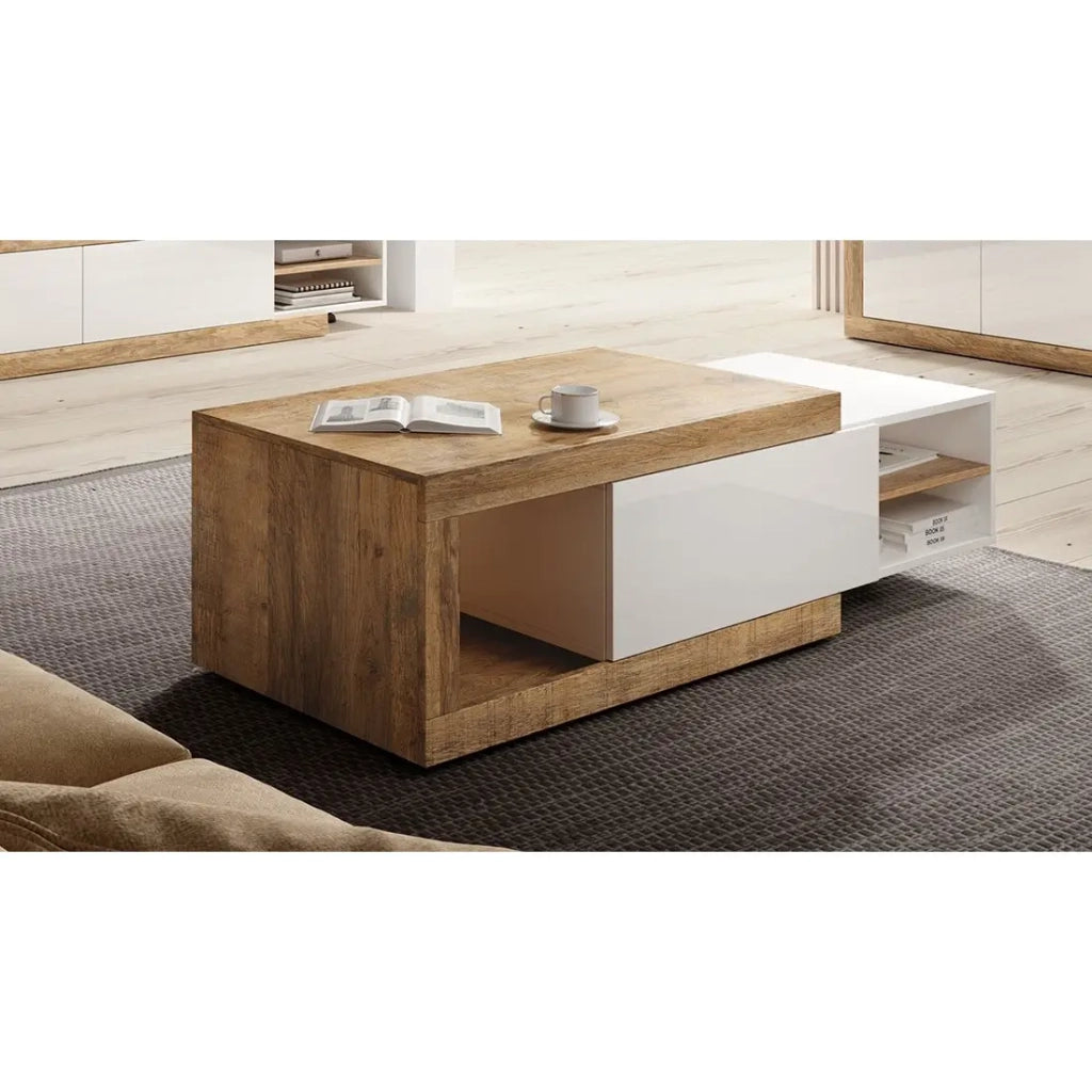 Tavolino basso estensibile SINATRA - Rovere scuro e bianco opaco
