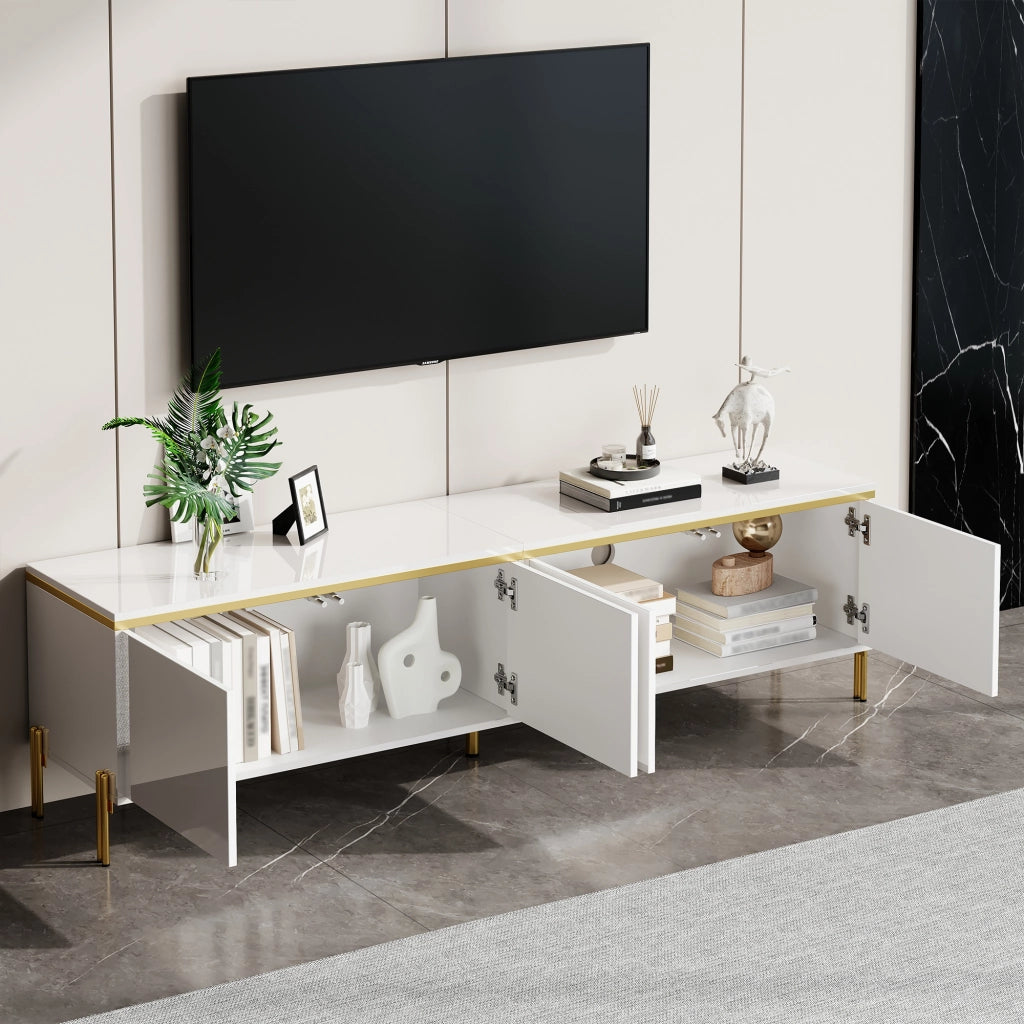OKWISH Mobile TV con 4 Ante e Passacavi, Frontali Lucidi, Gambe in Metallo, per Soggiorno, Bianco, 170 x 38 x 50 cm