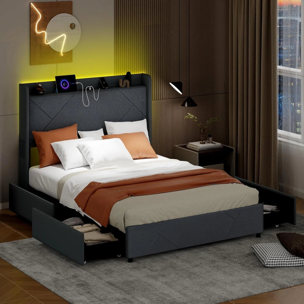 Telaio Letto Matrimoniale con Luci LED, Letto Imbottito con Stazione di Ricarica 2 Tasche di Stoccaggio e 4 Cassetti Scorrevoli, Testiera, Carico 500kg (140x200 cm)