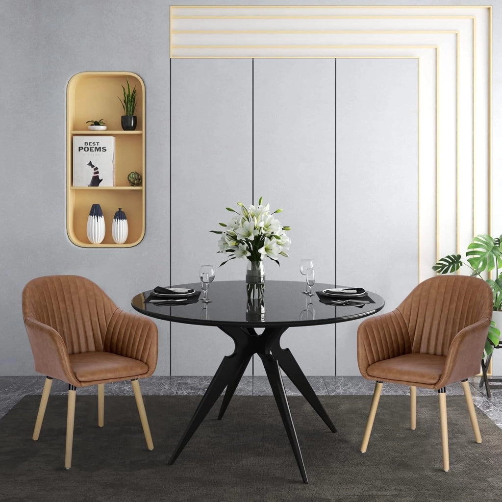Set di 6 Sedie per Sala da Pranzo con Schienale Braccioli Poltrona Imbottita Gambe in Legno Seduta in Similpelle, Marrone, BH336br-6