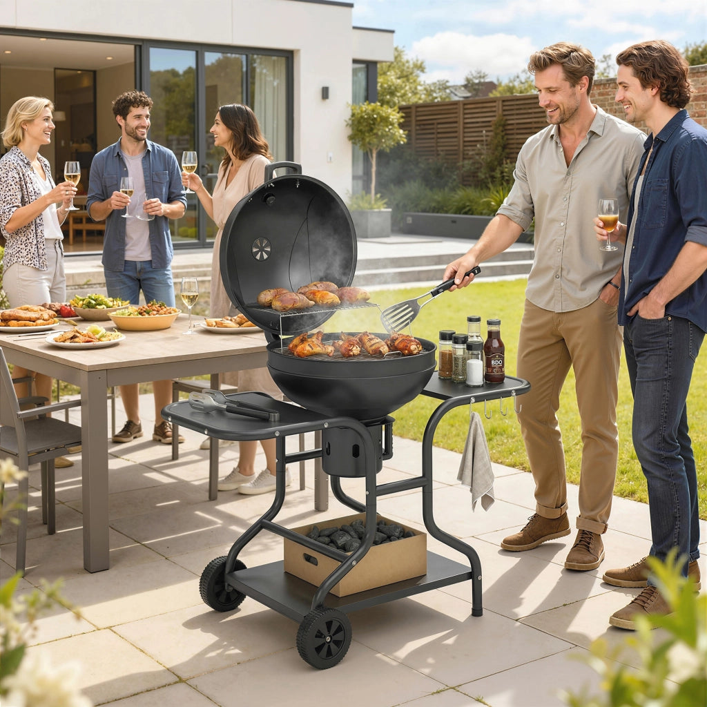 Grill BBQ Smoker con Tavolini Laterali Coperchio e Ruote ¨C zephmum ¨C Grigio 129x63.5x106.5 cm