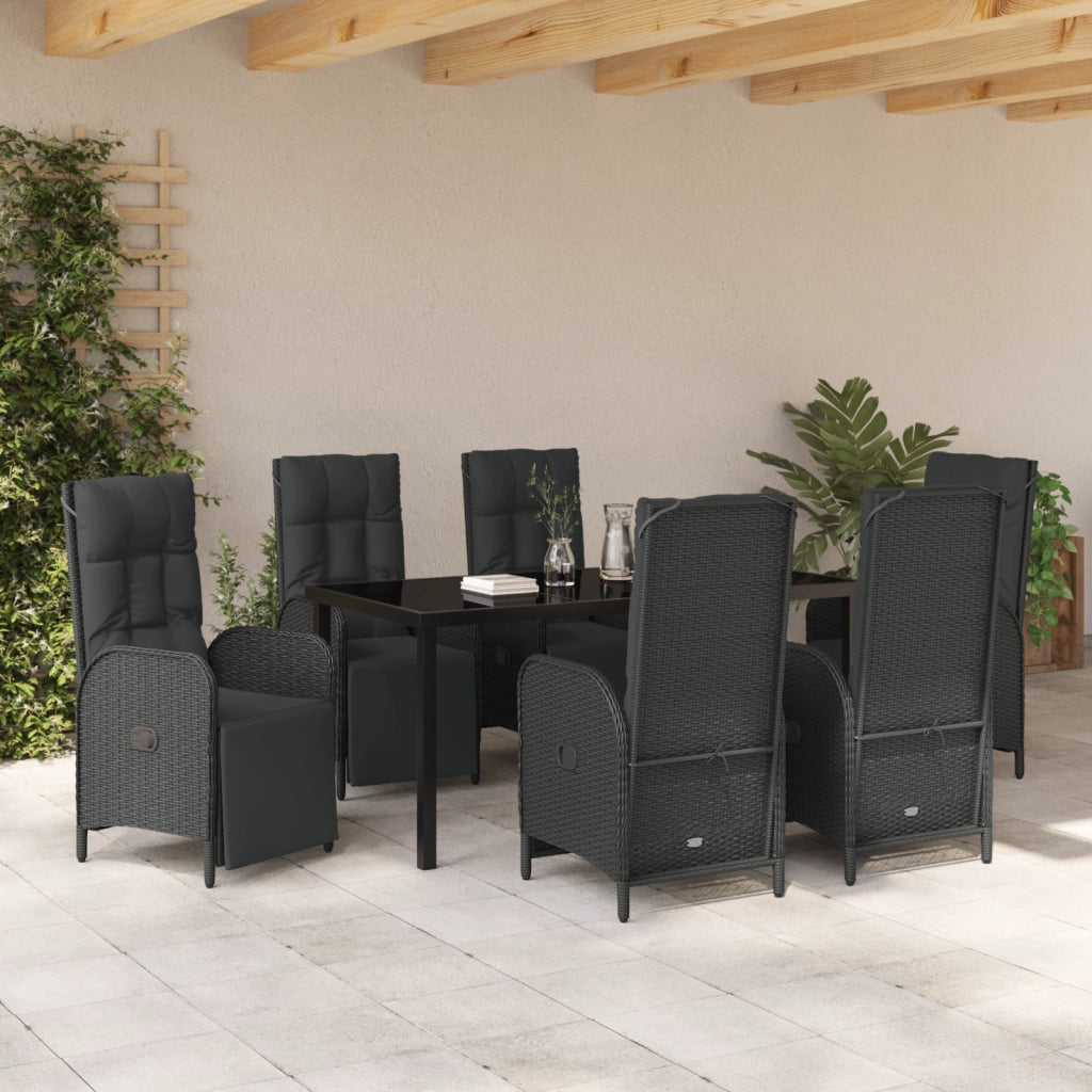 Set da pranzo da giardino da 7 pezzi con cuscini in polyrattan nero