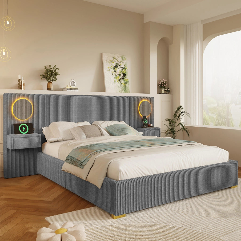 Letto imbottito 180x200 cm con testiera LED; USB e cassetti in velluto grigio