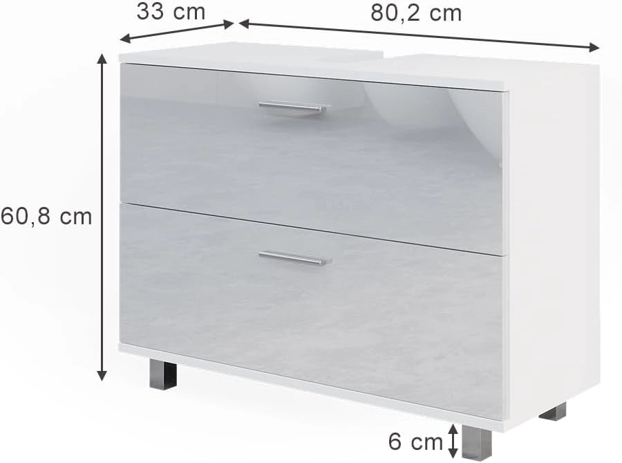 Mobile sottolavabo per bagno Ilias, Bianco lucido, 80 x 60.8 cm, con ritaglio per sifone e aperture di ventilazione laterali