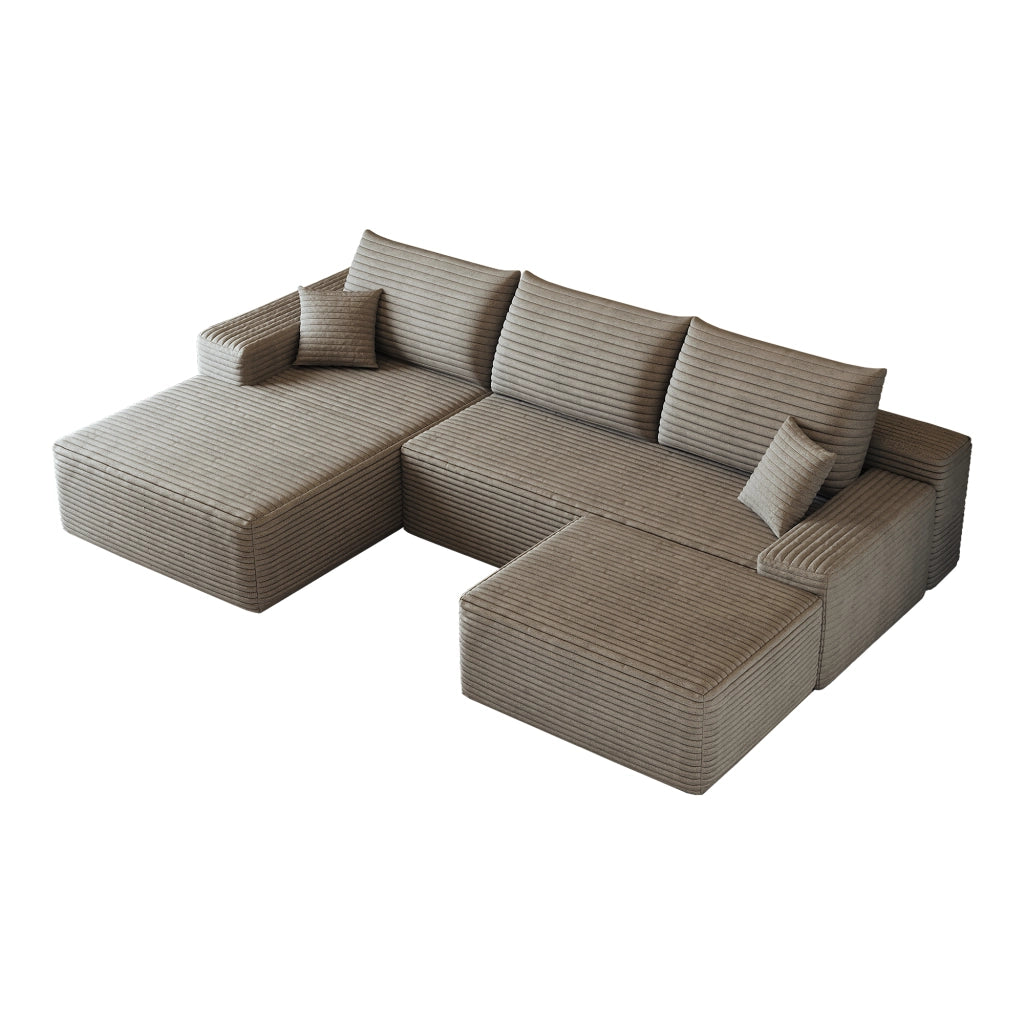 Divano angolare modulare - con chaise longue e seduta profonda - in tessuto a coste - camel