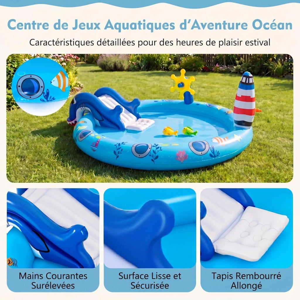 Piscina Gonfiabile Bambini, Parco Giochi Acquatico a Tema Marino con Scivolo, Irrigatore, Timone, 2 Pesci Giocattolo, Retino e 2 Toppe di Riparazione per Bambini 2-6 Anni, 188 X 153 X 63 CM