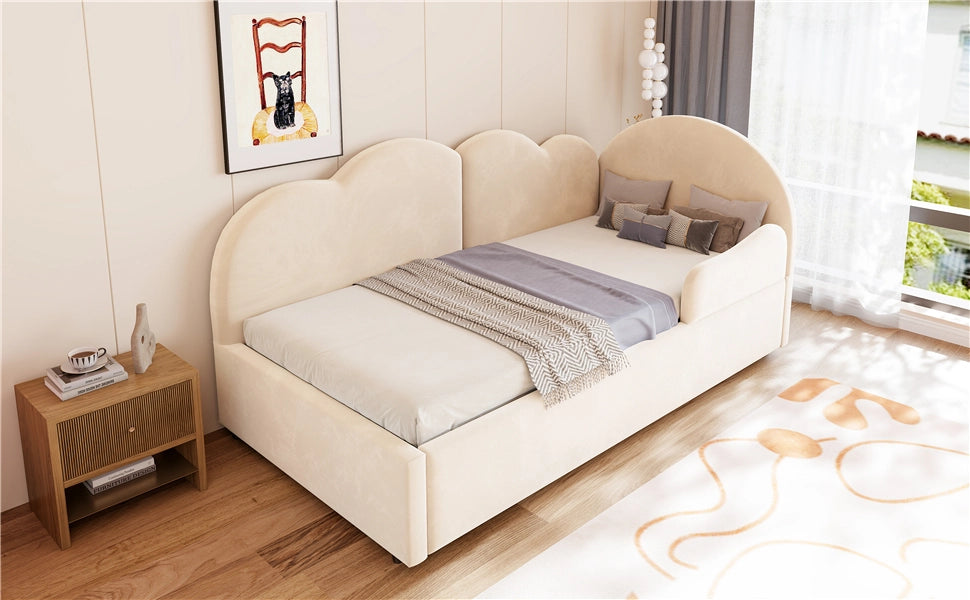 Letto imbottito a scomparsa a L con testiera a forma di nuvola in velluto beige per camera da letto e ospiti