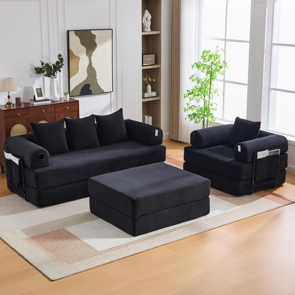 Divano modulare in corduroy nero con pouf, struttura in metallo, tasca laterale e 3 cuscini