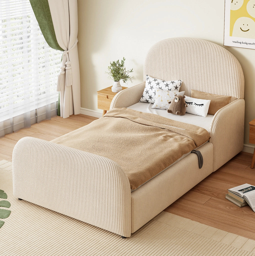 Letto imbottito 90x200 cm con contenitore idraulico; testiera alta in velluto beige