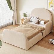 Letto imbottito 90x200 cm con contenitore idraulico; testiera alta in velluto beige