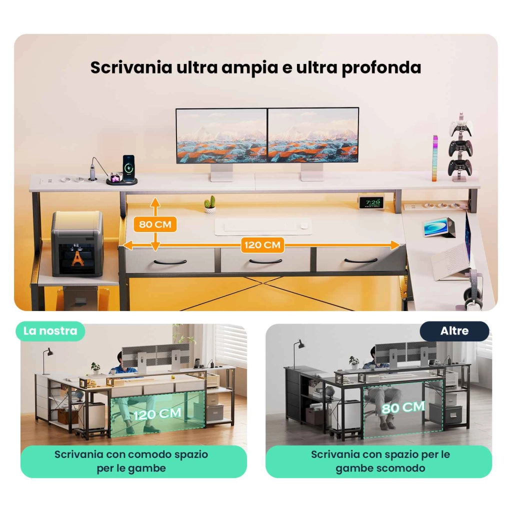 Scrivania per computer a L, scrivania da gaming, con cassetti, prese di corrente integrate, luci d'atmosfera, nera