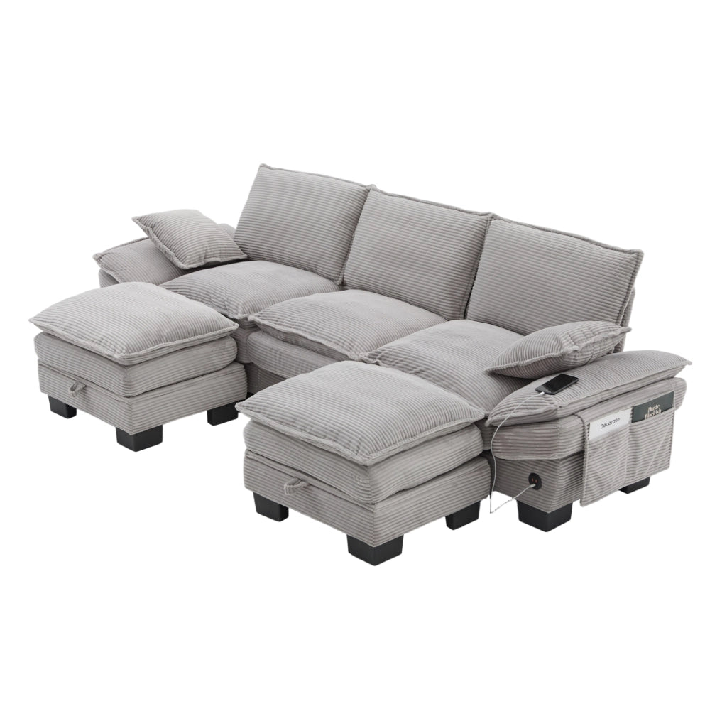 Divano modulare 3 posti con 2 pouf in velluto a coste grigio chiaro