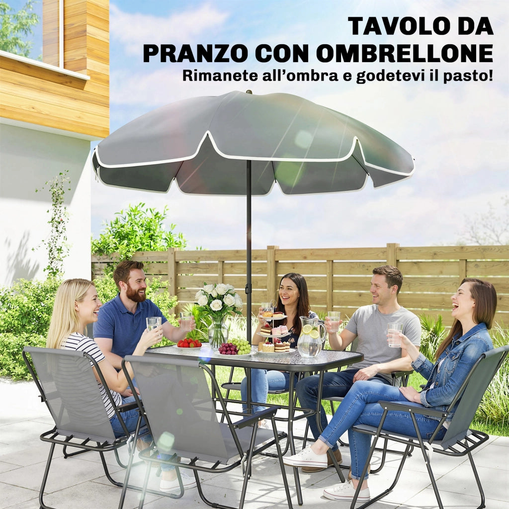 Set 8 Pezzi da Giardino con Ombrellone 6 Sedie Pieghevoli e Tavolo da Esterno in Vetro Temperato Grigio