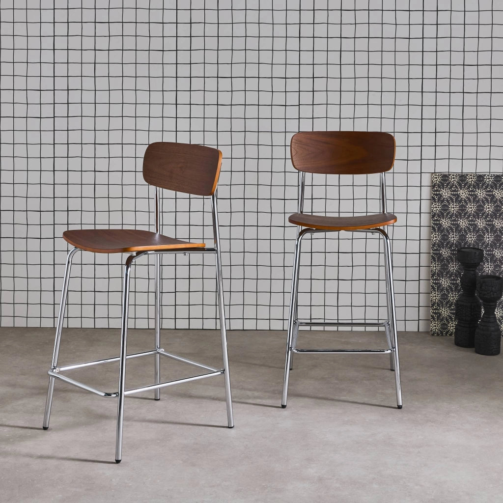 Set di 2 sgabelli da bar vintage metallo e compensato, grigio perlato
