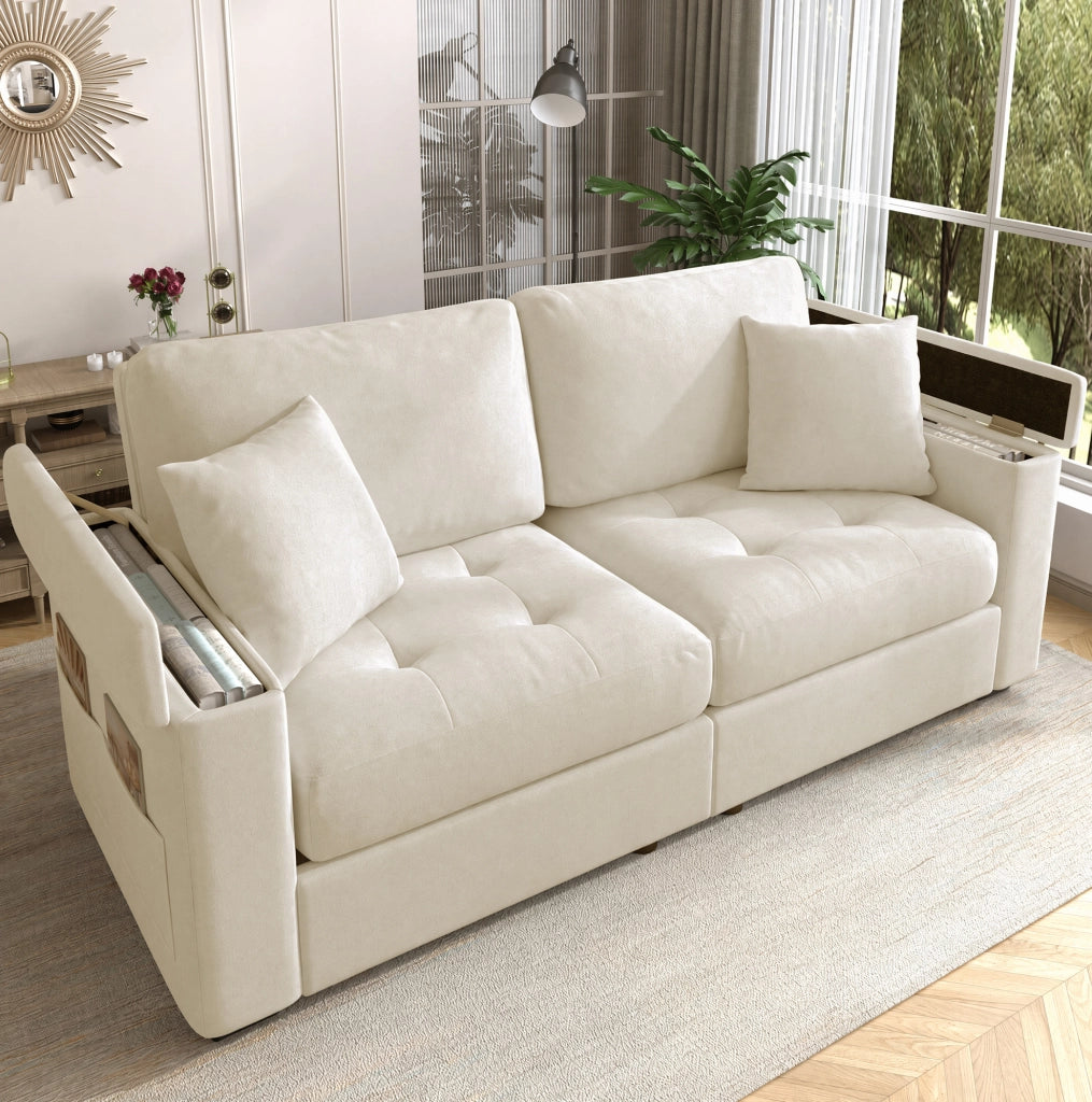 Divano Moderno 2 Posti Beige in Chenille con Contenitore nelle Braccioli e 2 Cuscini Morbidi