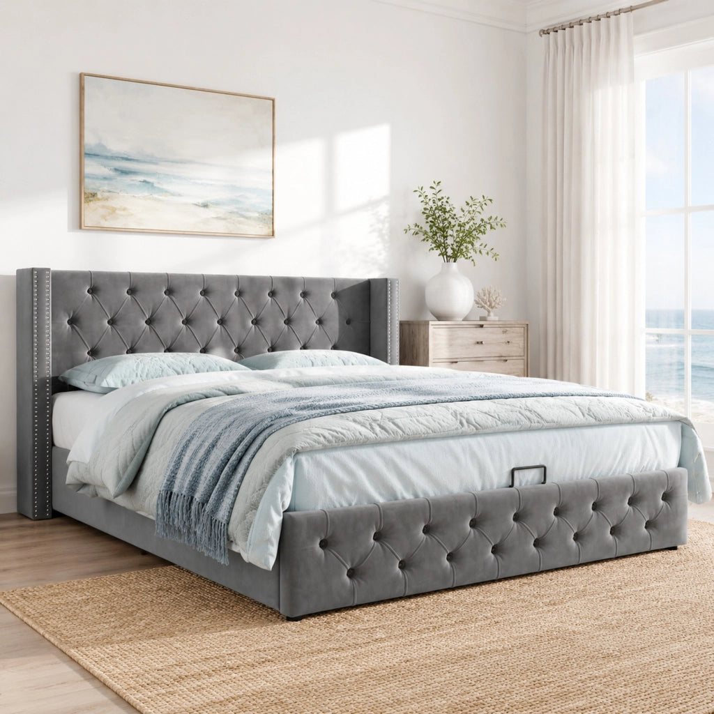 Letto matrimoniale 180x200 cm in velluto grigio stile Chesterfield con contenitore idraulico