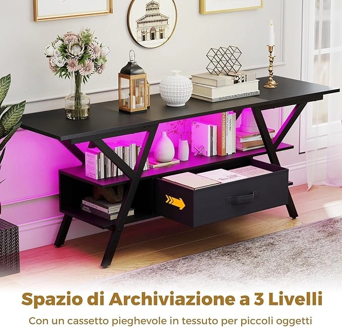 Mobile Porta TV per Schermo fino a 65'', Tavolo per TV con Luci LED Regolabili, Stazione di Ricarica e Telecomando, Consolle Media a 3 Ripiani con Cassetto per Soggiorno, 140x40x54cm (Nero)