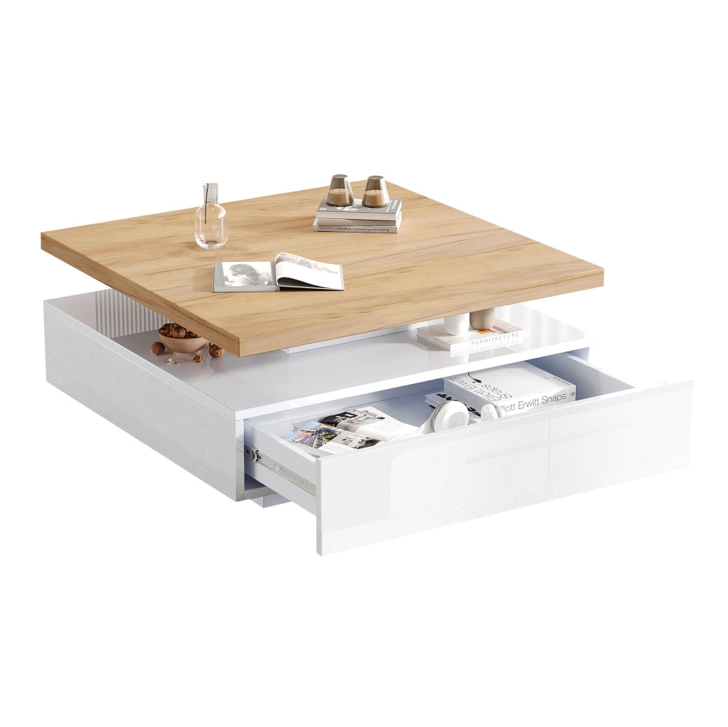 Tavolino da caffè quadrato girevole 360° con cassetto 70x70x36 cm in truciolare; noce e bianco lucido